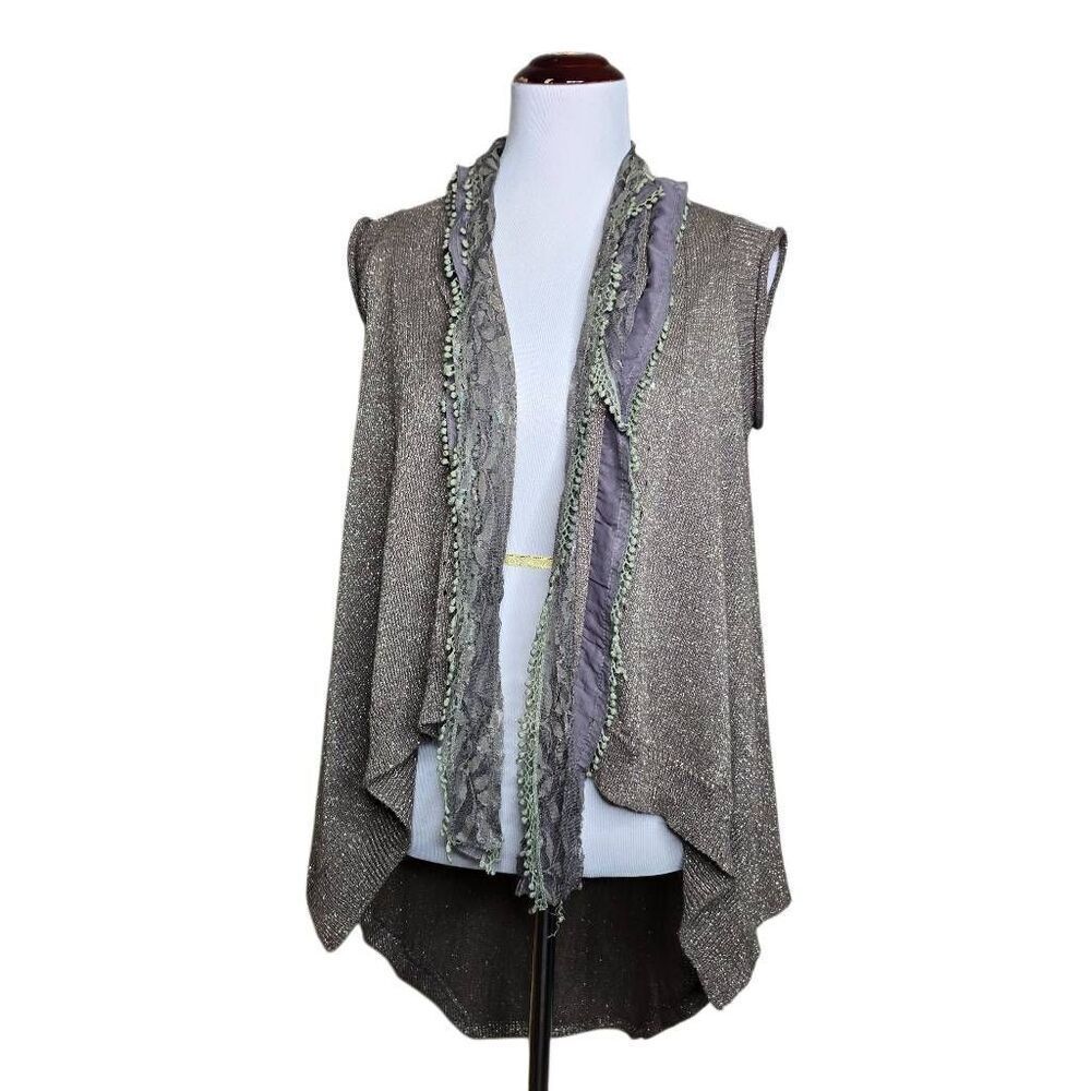 Forever 21 Metallic Gold Knit Vest Boho Lace Crochet Trim Sz S